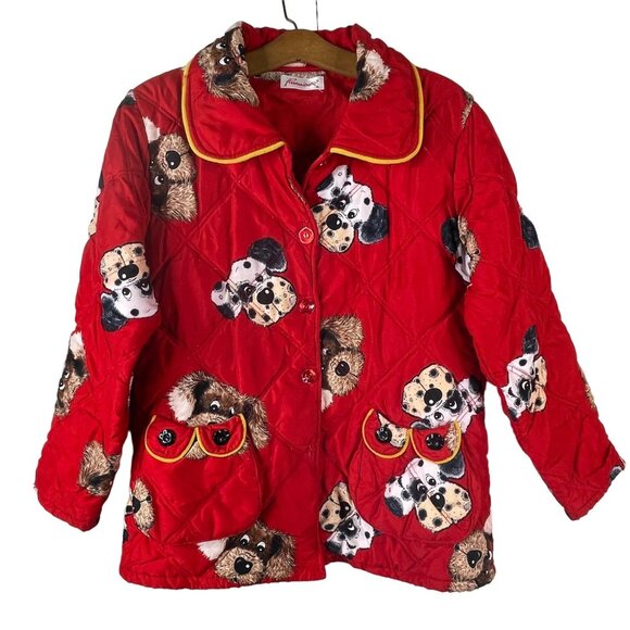 Vintage 60s Kids Pajama Set Size XL Heavy Quilted Dog Print Sleepwear Red Red - Picture 2 of 16